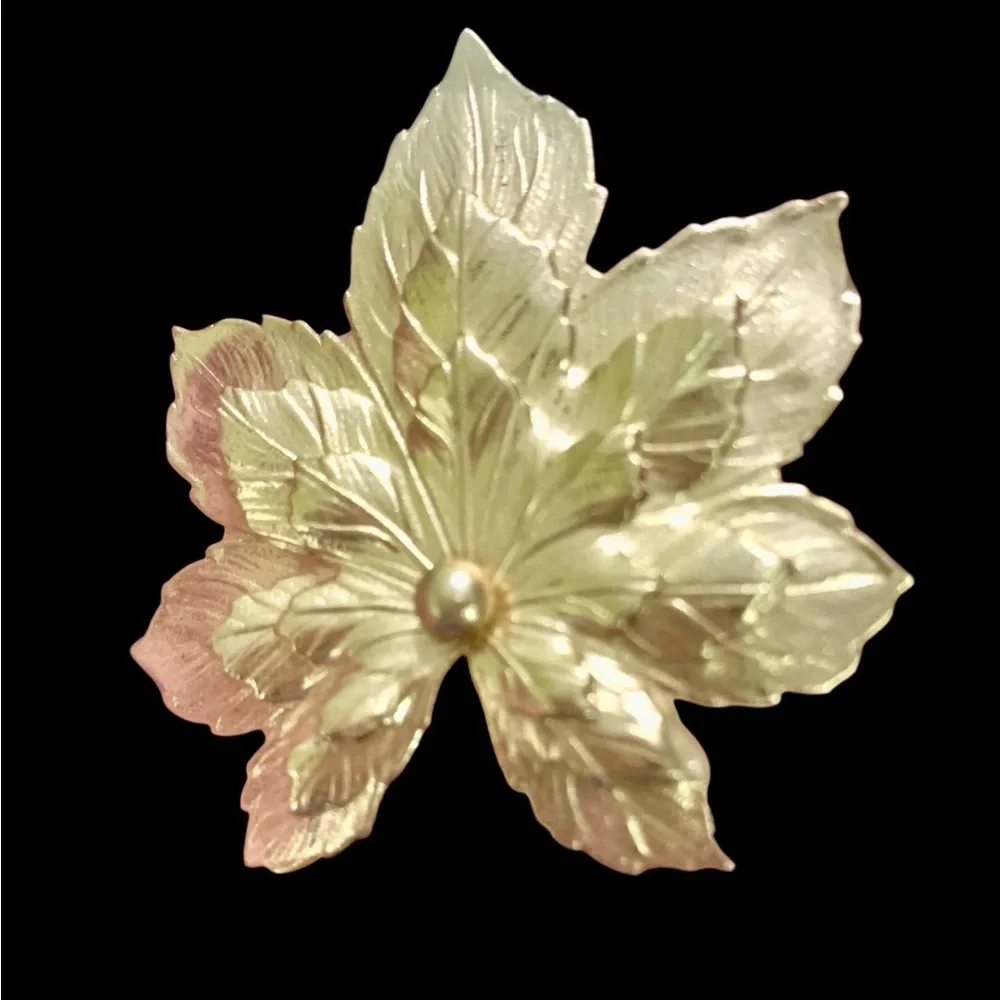 1956 “Golden Maple” Signed SAC Gold Tone Layered Brooch & Clip On Earring Set - Picture 4 of 11